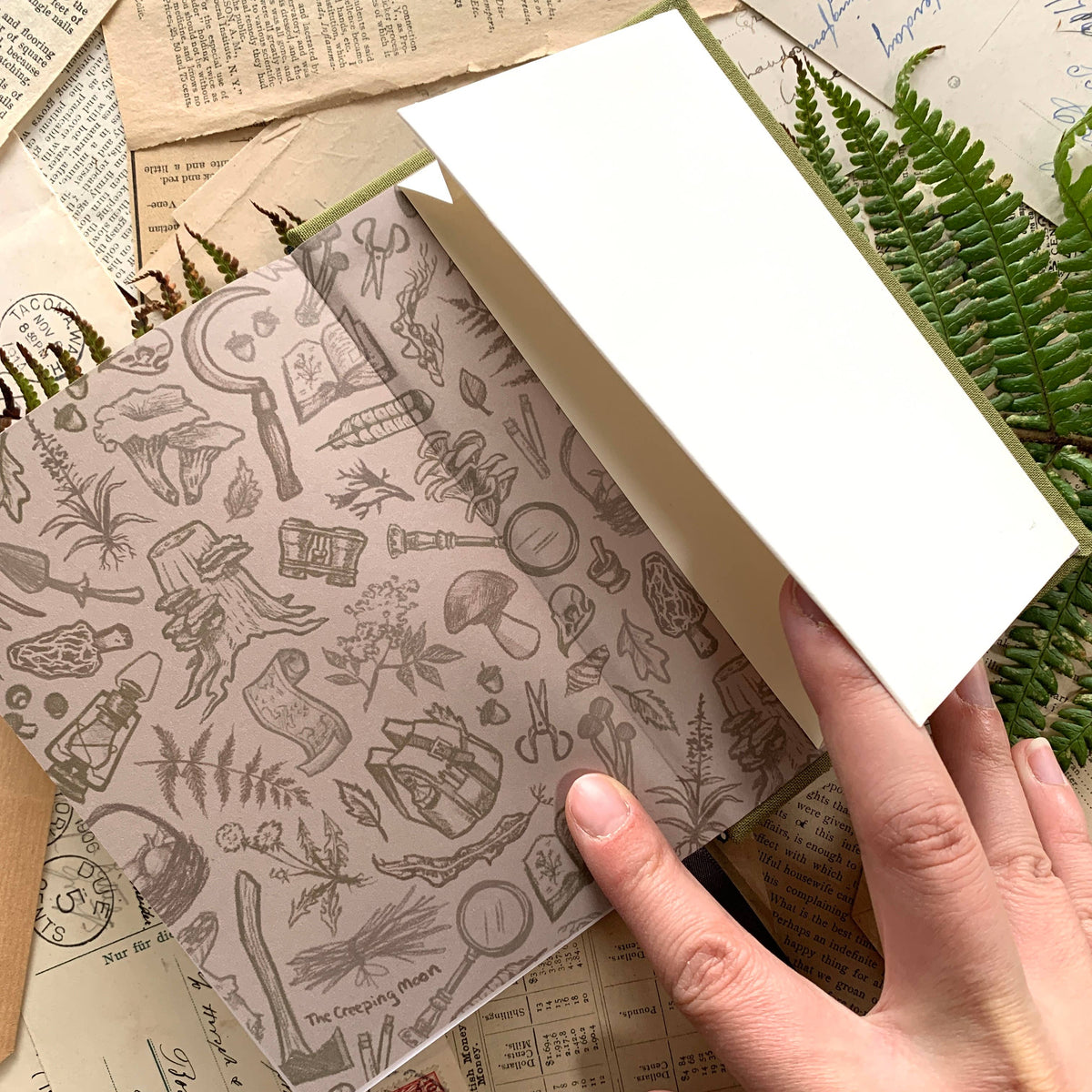 Green Foraging A6 Field Journal showing illustrated interior and back section