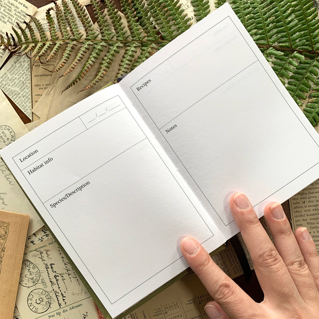 The Creeping Moon Foraging Field Journal showing structured trip-record pages