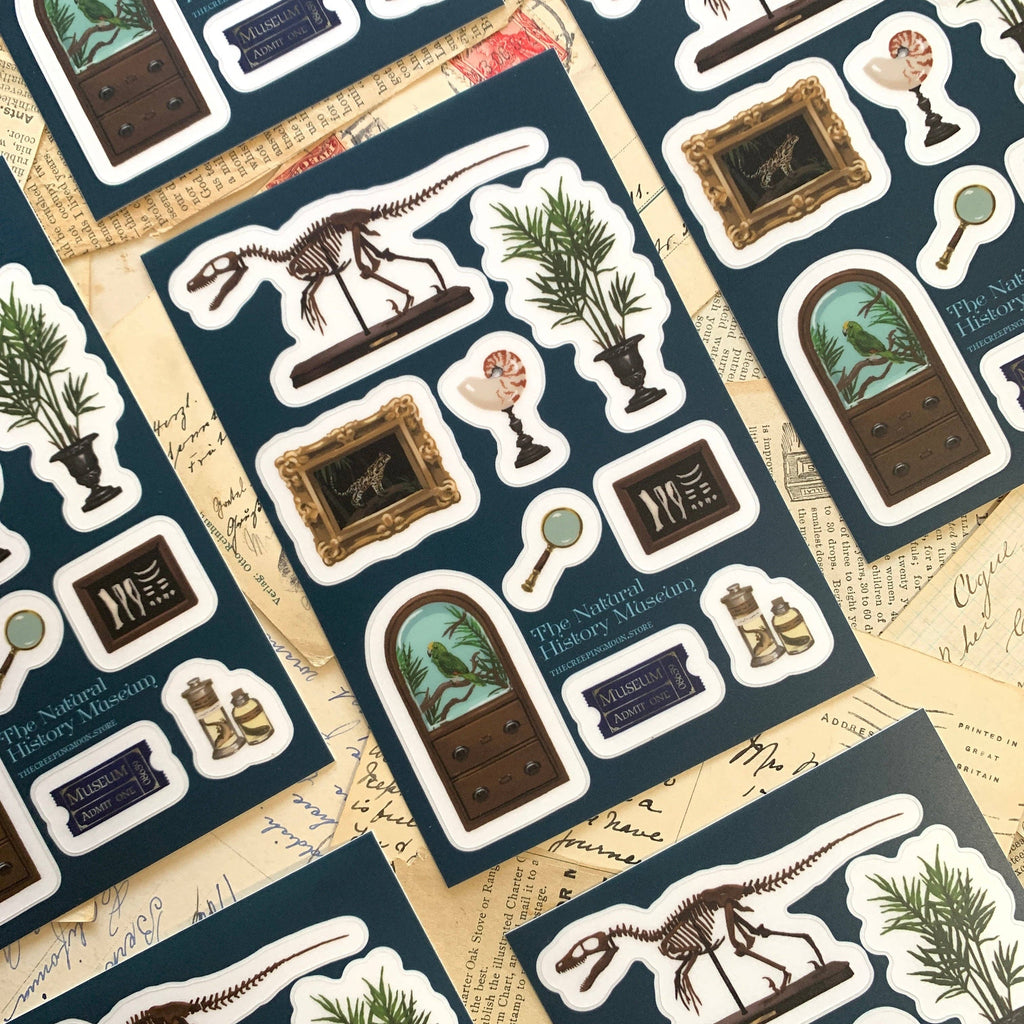 The Creeping Moon Natural History Museum clear vinyl sticker sheet with nine museum-inspired designs