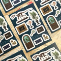 The Creeping Moon Natural History Museum clear vinyl sticker sheet with nine museum-inspired designs