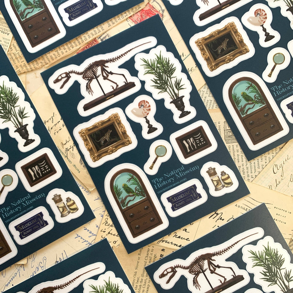 The Creeping Moon Natural History Museum clear vinyl sticker sheet with nine museum-inspired designs