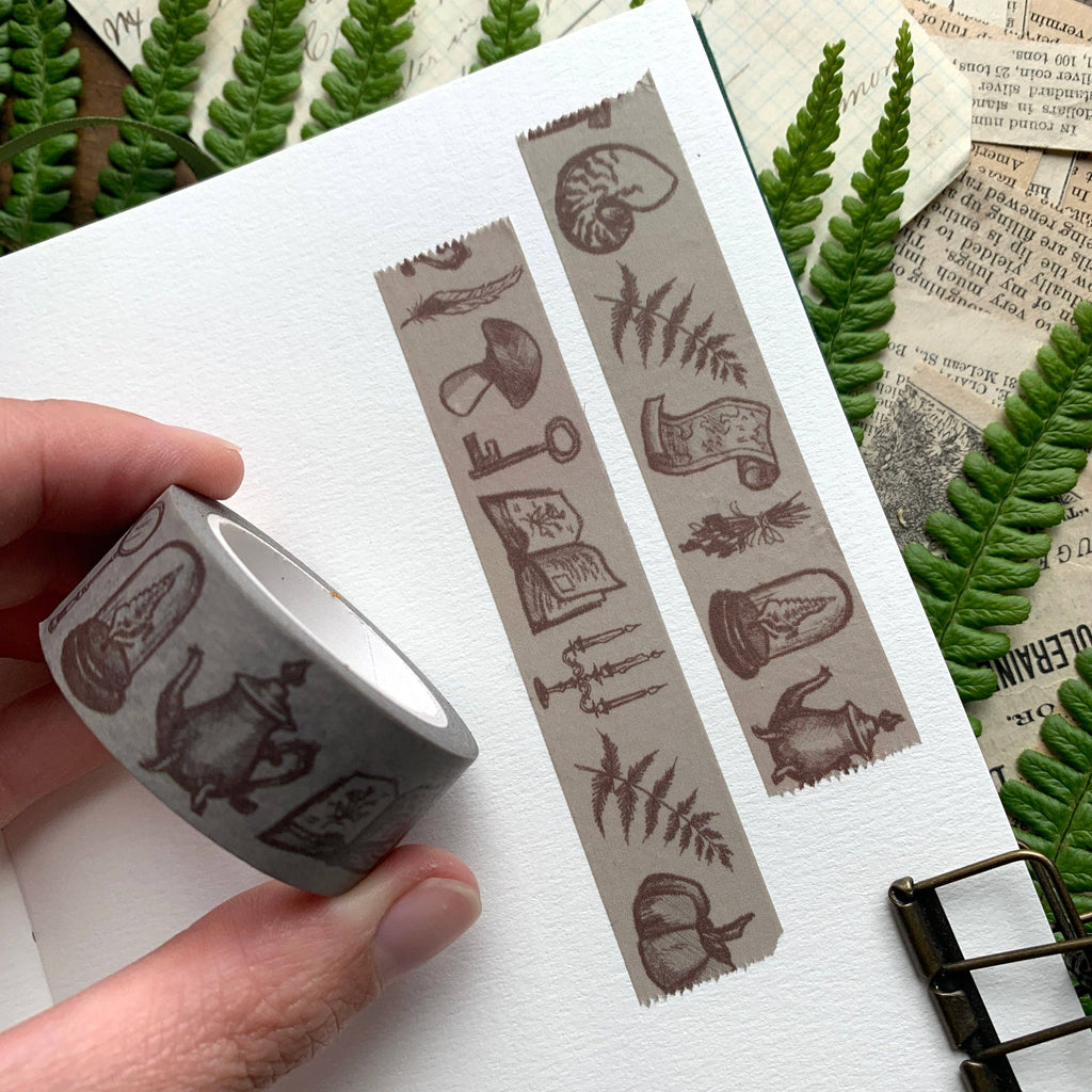 The Creeping Moon Vintage Sketches washi tape showing sepia illustrations of curiosities and natural objects