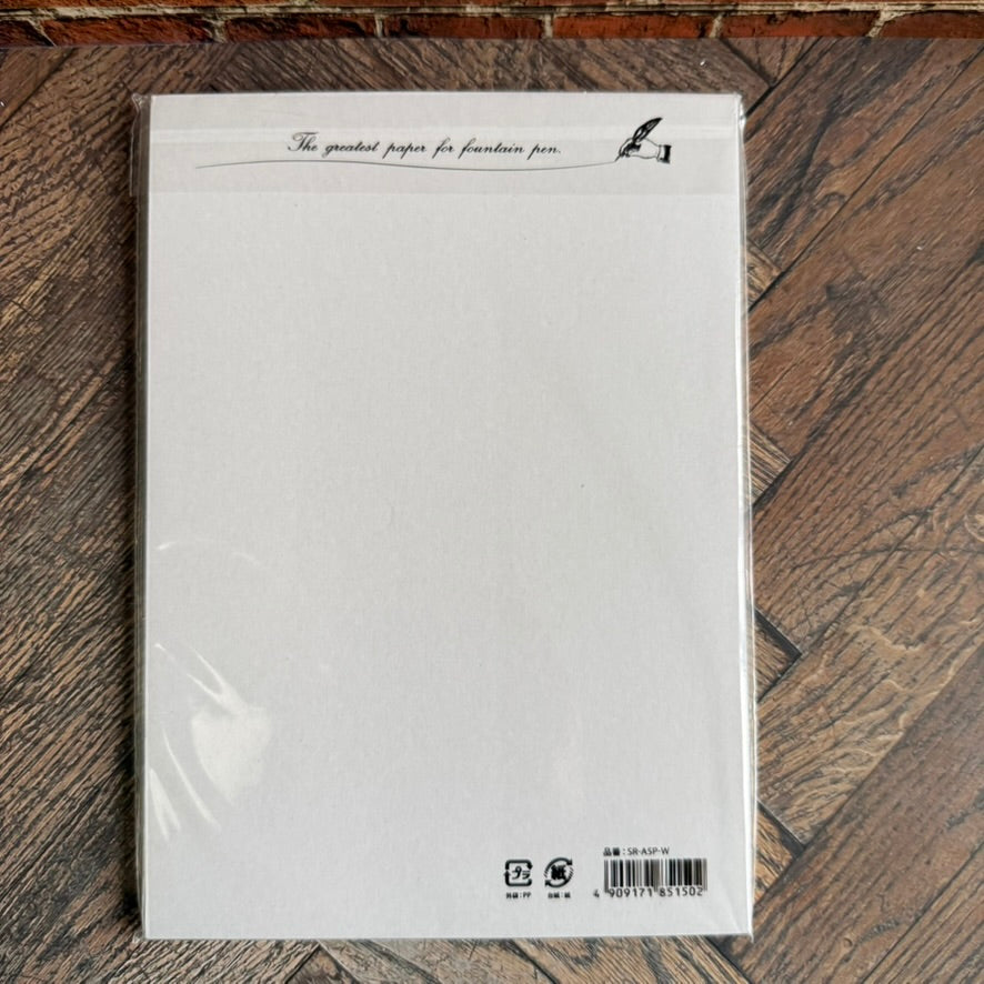 Back of the Tomoe River FP A5 loose sheets pack showing model number SR-A5P-W and barcode