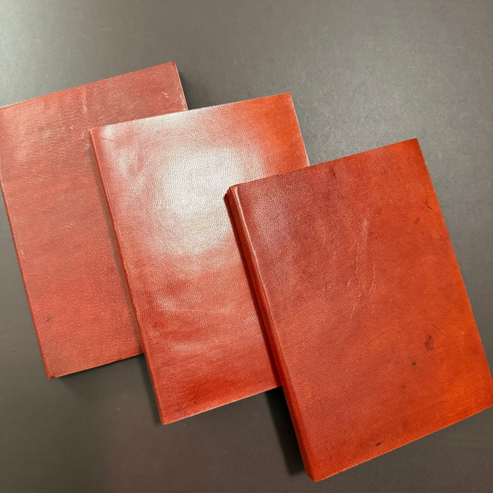 Tri-Art leatherbound mixed media books in three sizes showing natural leather color variation