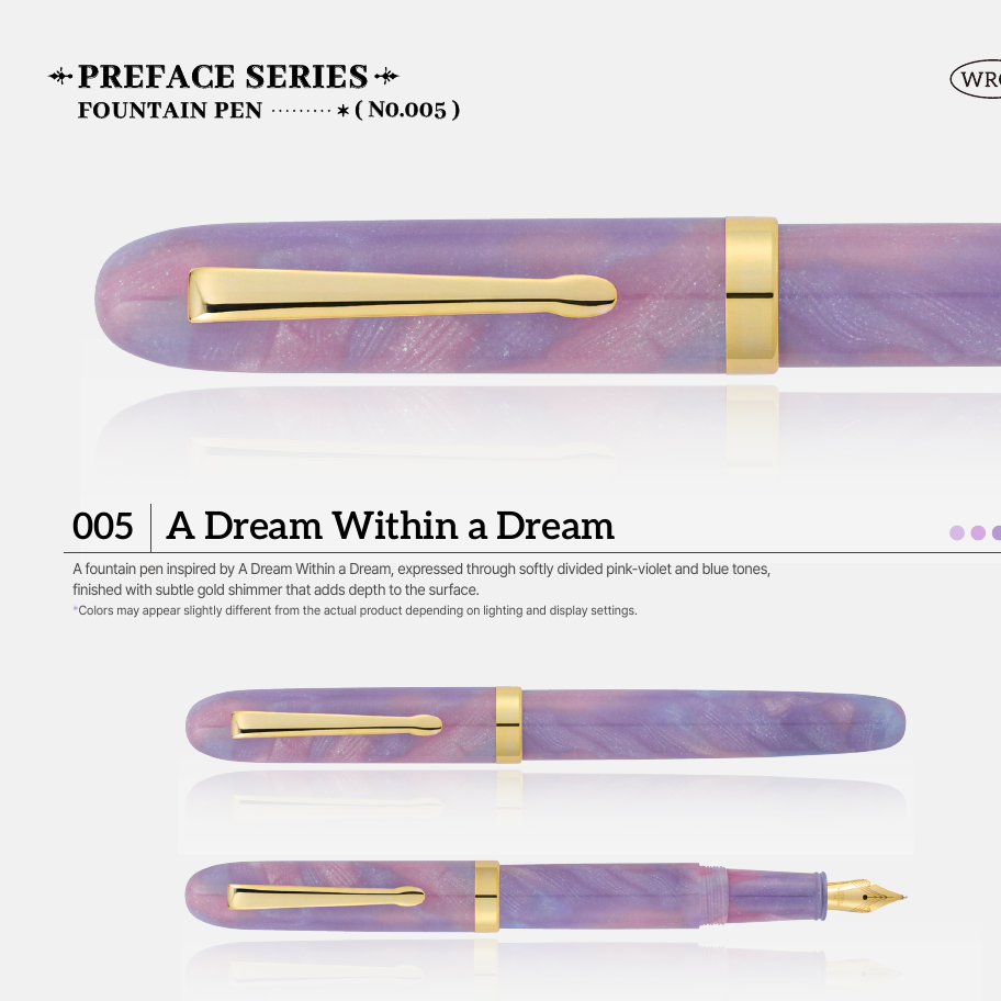 Wearingeul A Dream Within a Dream fountain pen shown capped, uncapped, and posted, with pink-violet and blue body tones and a gold-tone nib.