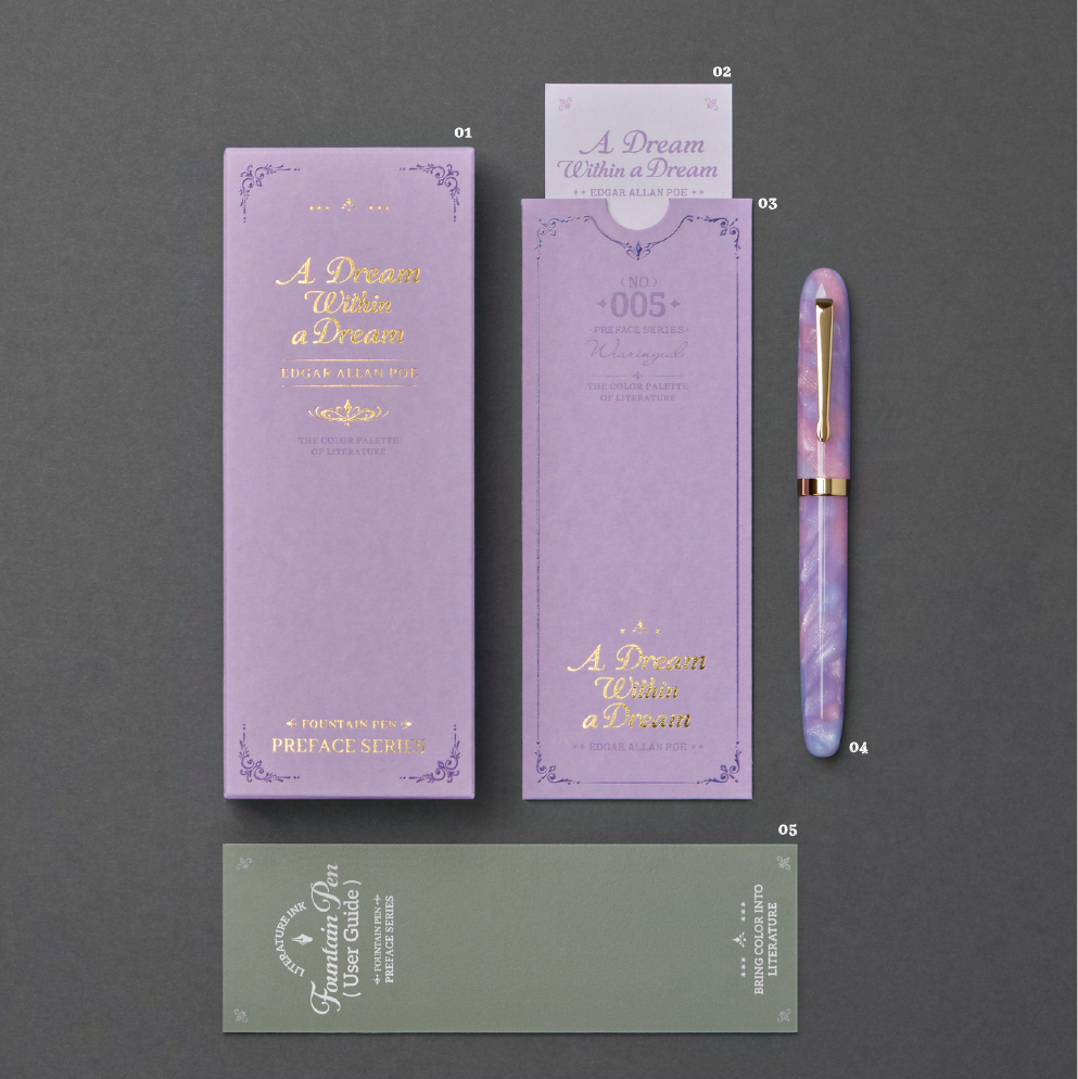 Wearingeul A Dream Within a Dream fountain pen package with presentation box, literary cards, storage bag, fountain pen, and user guide.