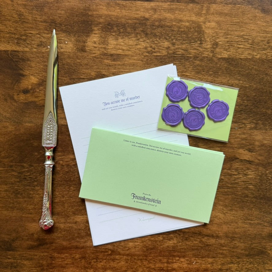 Wearingeul Frankenstein pale green letter paper and coordinating envelope inspired by Mary Shelley’s novel