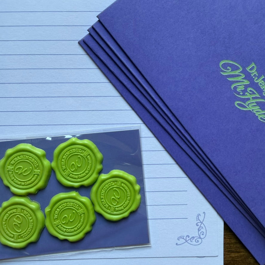 Purple letter paper and green wax-seal stickers from Wearingeul Dr. Jekyll and Mr. Hyde Letter Writing Set
