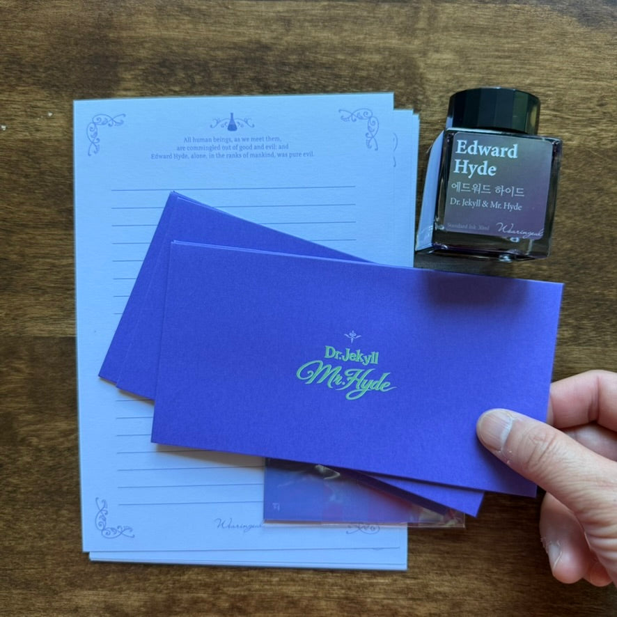 Wearingeul Jekyll and Hyde literary stationery with letter paper, envelopes, and Edward Hyde fountain pen ink