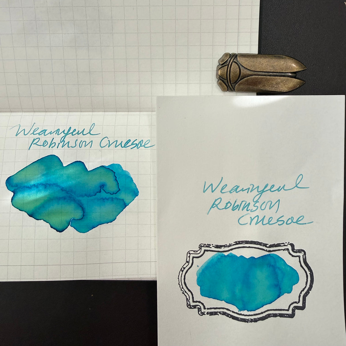Boston Lore Studio swatch of Wearingeul Robinson Crusoe fountain pen ink showing blue and green color separation
