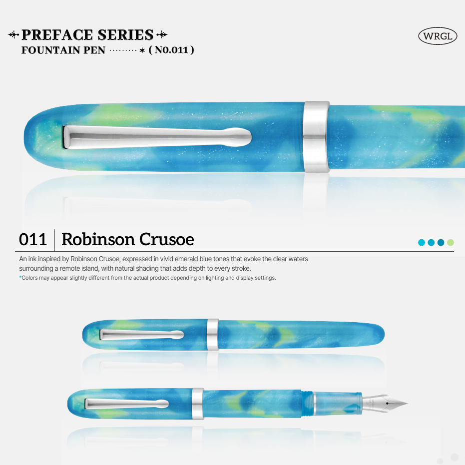 Wearingeul Robinson Crusoe fountain pen shown capped, uncapped, and posted, with emerald blue and green body tones and silver-tone trim.