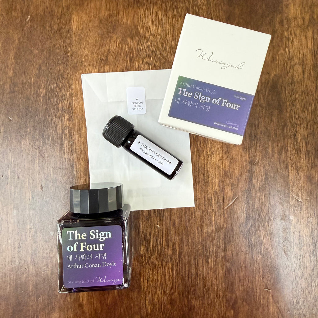 Wearingeul The Sign of Four 5 mL Archive Bottle with Boston Lore Studio glassine packaging and original 30 mL bottle shown for reference