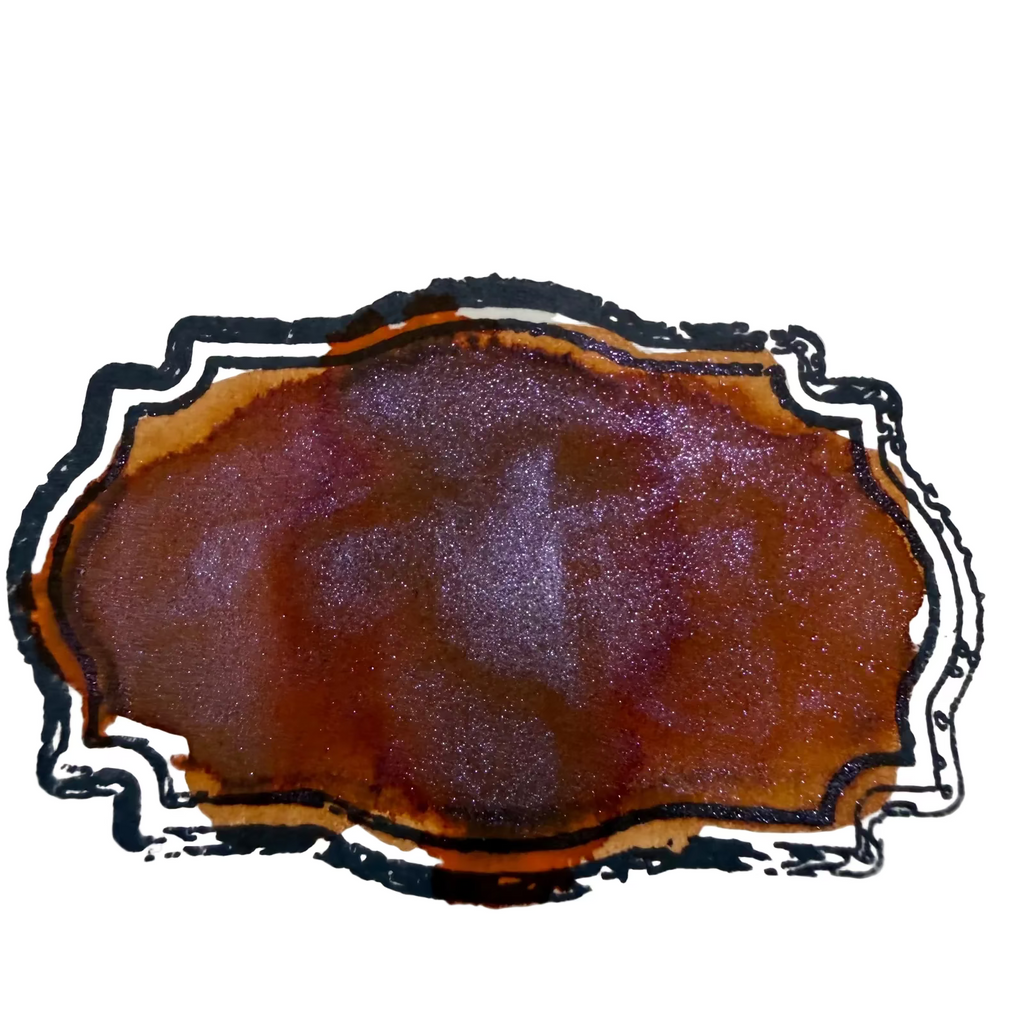 Boston Lore Studio swatch of Wearingeul The Star Child fountain pen ink showing warm orange-brown ink with violet shimmer