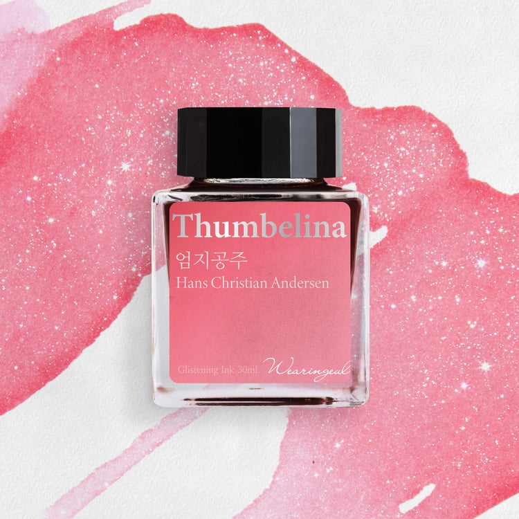 Wearingeul Thumbelina fountain pen ink bottle with coral-pink shimmer swatch