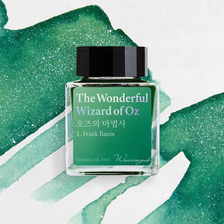Wearingeul The Wonderful Wizard of Oz fountain pen ink bottle with green shimmer swatch