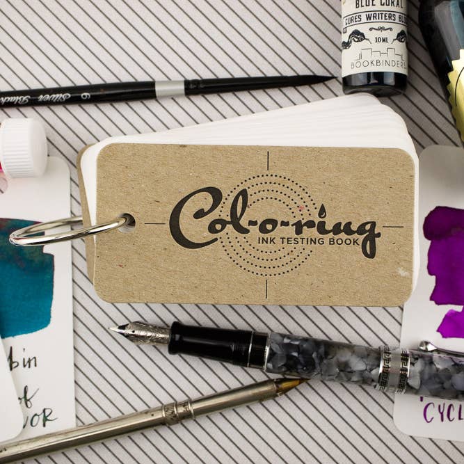 Col-o-ring ink testing cards shown with fountain pen ink swatches
